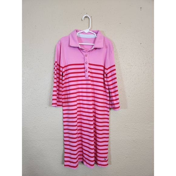 Vineyard Vines Girls Rose Pink Red Striped 3/4 Sleeve Rugby Shirt Dress Sz Large - Picture 1 of 6